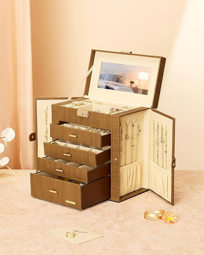 Homde Mothers Day Gifts Synthetic Leather Huge Jewelry Box Mirrored Watch Organizer Necklace Ring Earring Storage Lockable Gift Case (Brown + Gold)