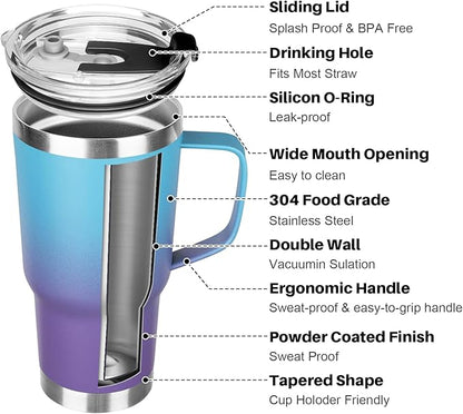 20 oz Tumbler with Handle, Stainless Steel Insulated Tumbler with Lid and Straw, Double Wall Vacuum Coffee Mug Tumbler, Insulated Coffee Thermal Cup for Cold and Hot (Blue Purple)