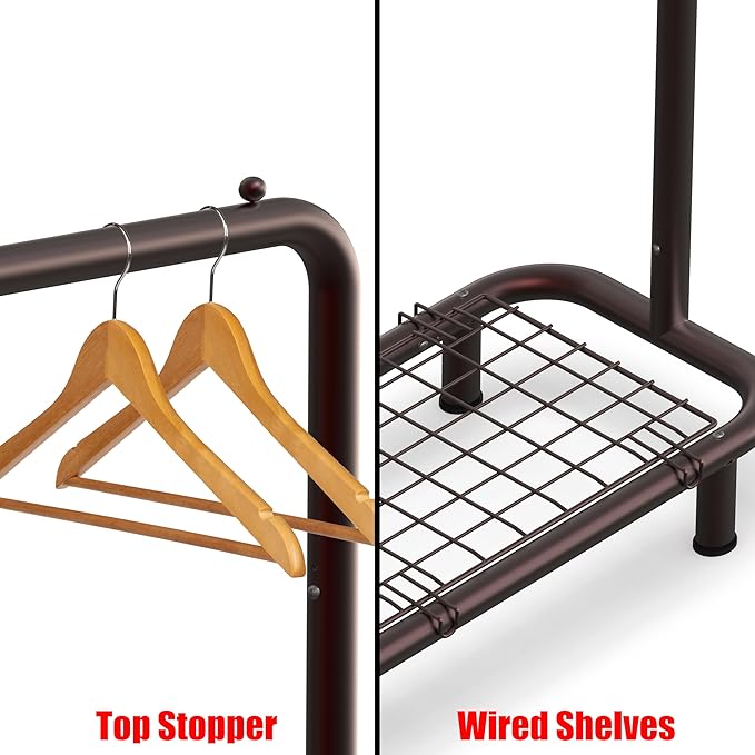 Simple Houseware Clothing Rack with Industrial Pipe and Bottom Shelves, Bronze