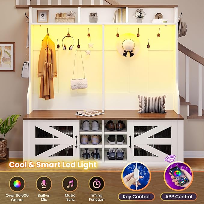 Itaar Hall Tree with Bench and Shoe Storage, 5-in-1 Entryway Bench with Coat Rack, 16 Shoe Cubbies & 12 Coat Hooks, Barn Door & Adjustable Shelf (White)
