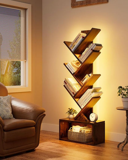 Evermagin 6 Tier Tree Bookshelf with Lights, LED Book Tree Bookcase with Storage Organizer, Small Corner Bookshelf Floor Standing Book Shelf for Living Room, Bedroom & Home Office, Rustic Brown