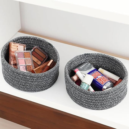 Small Basket, Set of 3 Small Woven Basket, Rope Baskets for Gifts, Cute Mini Tiny Baskets for Organizing Decor Nursery, Decorative Boho Round Storage Basket Bathroom Organization Bin (Grey)