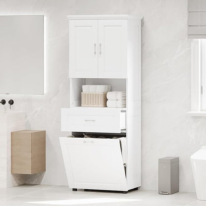70" Tall Bathroom Storage Cabinet with Two Doors and Drawer, Open Space and Laundry Hampers for Home Display Organizer, Removable Laundry Basket, Adjustable Shelf, White