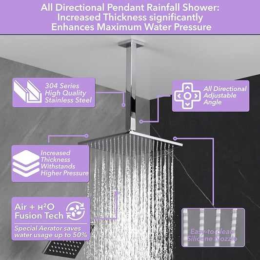 VANFOXLE Shower Faucet Set Chrome Shower System, Push Button Diverter Shower Faucet with Trim Kit, Ceiling Mount 10 Inch Shower Head Increased Thick, 6 Inch Side Shower Head, 2-in-1 Handheld