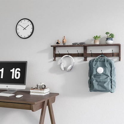 Coat Hooks, Wood Rack Wall-Mounted, 31.5 Inch Entryway Shelf with 10 Hooks (Brown)