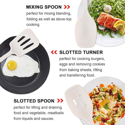IOCBYHZ Silicone Cooking Utensils Set 5 Pcs Large Non-Stick Kitchen Utensils Set, Wooden Handle Heat Resistance Turner Soup Ladle Spoon Silicone Cooking Kitchen Gadgets BPA Free for Nonstick Cookware