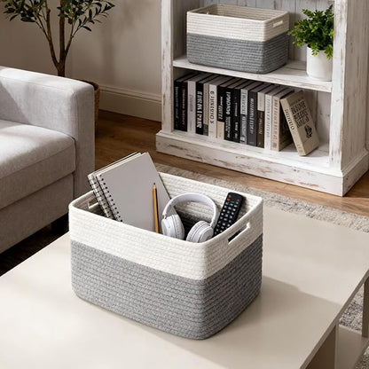 5 Pack Woven Storage Baskets for Shelves, Decorative Basket Closet Organizer Storage Bins for Clothes, Books, Pantry, Bathroom – Cotton Rope Shelf Baskets for Organizing and Decor, Gray & White