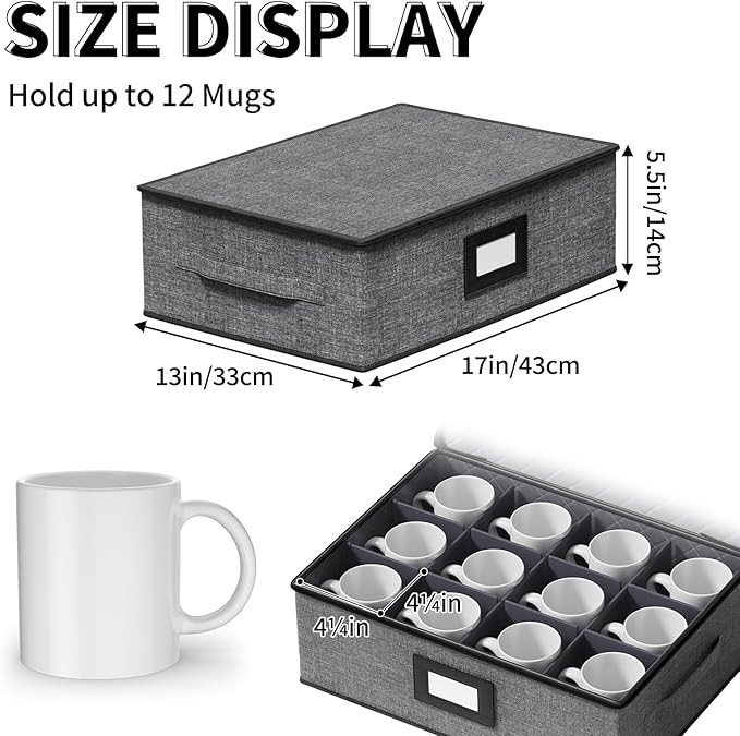 Aokeyee 2-Pack Cup & Mug Storage Box with Dividers, Hard Shell Organizer with Lid, Handles, Zippers & Label Slot, Holds 24 Mugs, Teacups & Glasses, Stackable Containerfor Moving & Protection, Grey