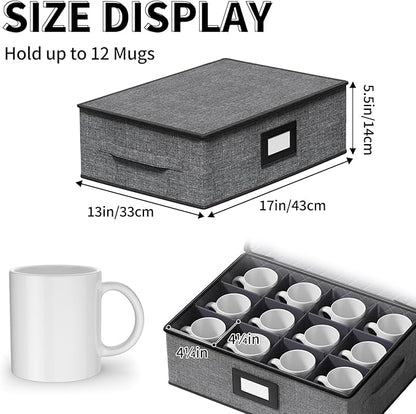 Aokeyee 2-Pack Cup & Mug Storage Box with Dividers, Hard Shell Organizer with Lid, Handles, Zippers & Label Slot, Holds 24 Mugs, Teacups & Glasses, Stackable Containerfor Moving & Protection, Grey