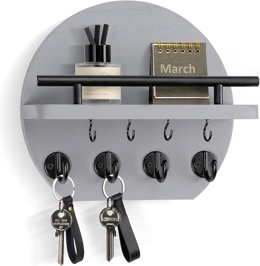 Nekon Key Holder for Wall - 9.8 Inch Apartment Wall Decor with Shelf and 8 Key Hooks, Circular Wood Key Hanger for Home Decor (Gray)