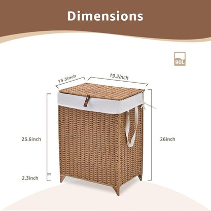 Laundry Hamper with Lid and Removable Liner Bag, Handwoven Rattan Clothes Hamper with Heightened Feet, Wicker Laundry Basket for Clothes and Towels，Middle