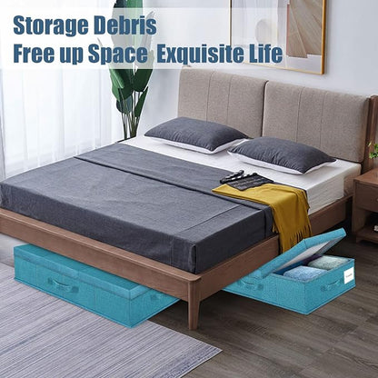 Supowin Underbed Storage Containers Bin with Lids (2pcs) Large Under Bed Storage Organizer Box with Handle, Foldable Under the Storage Bags for Organizing Clothes, Shoes, Blankets, Pillows-Cyan blue