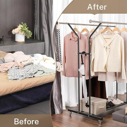 Clothing Rack, Heavy Duty Clothes Racks with Wheels and Bottom Shelf, 52.36’’ Metal Double Clothing Racks with Wheels, Wardrobe Rack for Hanging Clothes, Coats, Shirts, Skirts, Dresses, Black