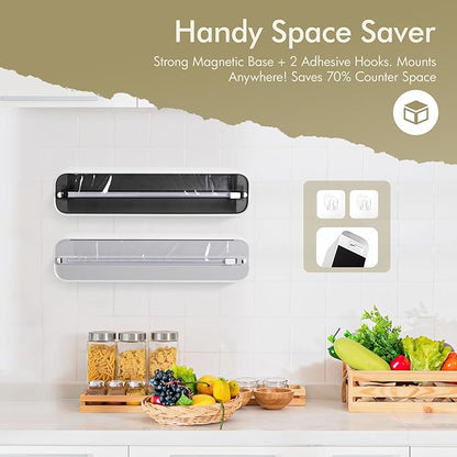 Aluminum Foil & Plastic Wrap Dispenser with Cutter - Magnetic & No-Drill Wall Mount, Cling Film Dispenser for Countertops & Cabinets, Space-Saving Kitchen Organizer - Fits 150 m Rolls, White