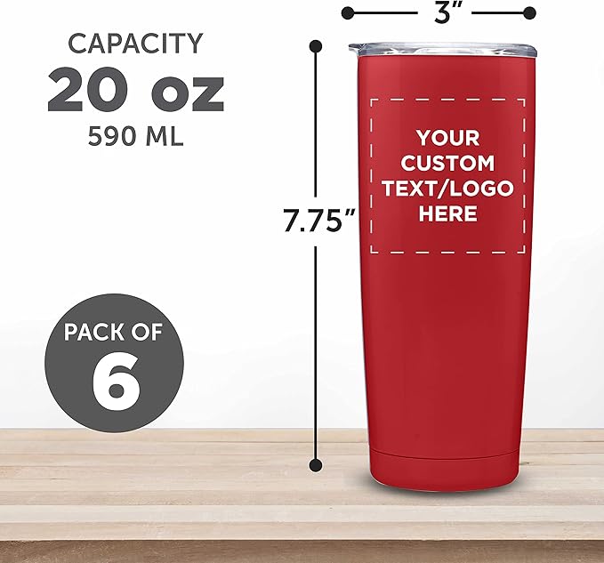 Custom Pipette Stainless Steel Coffee Tumblers 20 oz. Set of 6, Personalized Bulk Pack - Double Wall, Perfect for Coffee, Hot Cocoa, Other Hot & Cold Beverages - Red