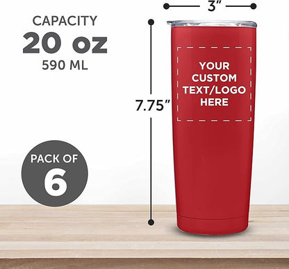 Custom Pipette Stainless Steel Coffee Tumblers 20 oz. Set of 6, Personalized Bulk Pack - Double Wall, Perfect for Coffee, Hot Cocoa, Other Hot & Cold Beverages - Red