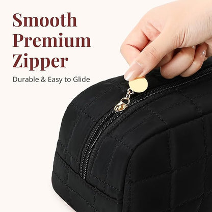 Makeup Bag for Women, Travel Cosmetic Bag Organizer with Compartments, Quilted Puffy Toiletry Pouch for Brushes, Essentials and Accessories, Black
