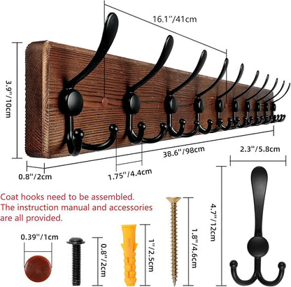Large Coat Rack Wall Mount 38.6'' Rustic Wood Coat Rack Hook Long Coat Hooks Wall Mount Farmhouse Wall Hooks for Hanging Coat, Bags, Towels