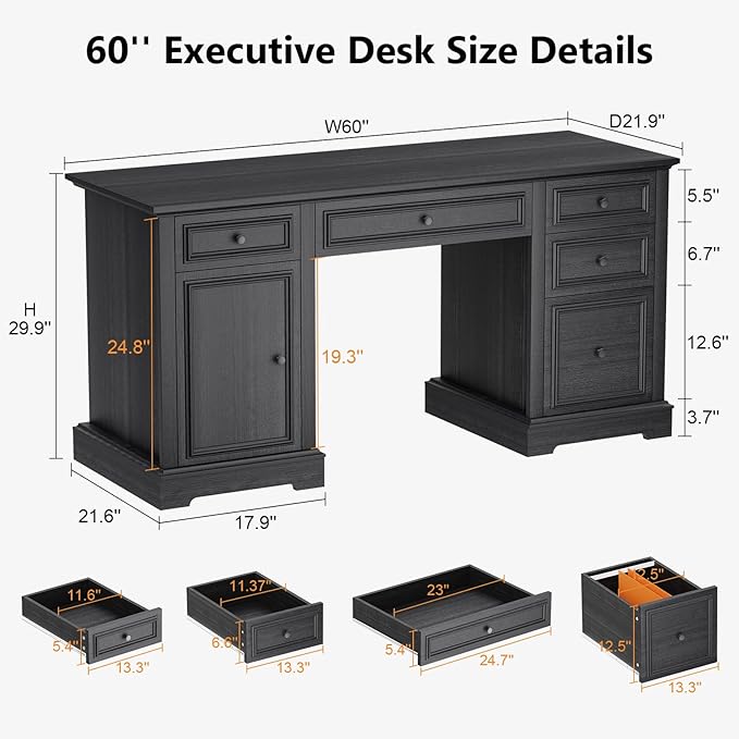 Vipbear 60" Executive Desk, Farmhouse Computer Desk with Drawers and File Cabinet, Embossed Texture Home Office Desks, Workspace for Work Study Writing, Black