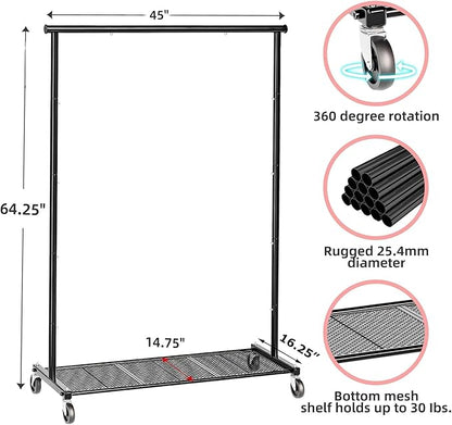 Clothes Rack for Hanging Clothes, 64.25 Inch Clothing Racks with Wheels, Portable Rolling Clothes Garment Rack for Bedroom, Laundry, Living Room, Black