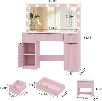 47" Fluted Makeup Vanity Desk with Large 42" Mirror and Lights, Vanity Table with 3 Drawers & 2 Storage Cabinet, Dressing Table Charging Station & Chair for Living Room, Bedroom, Pink