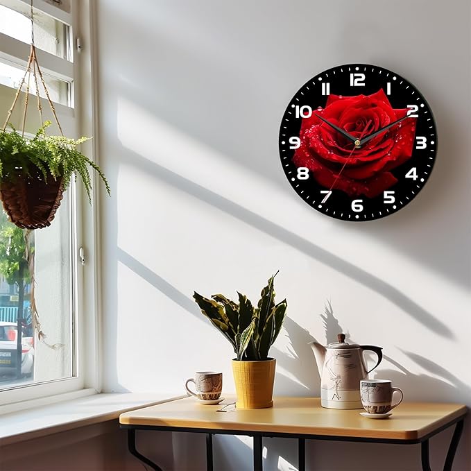 Wall Clock, 10 Inch Silent Non-Ticking Home Kitchen Decor, Battery Operated for Bathroom Bedroom Living Room Office(Red Roses)