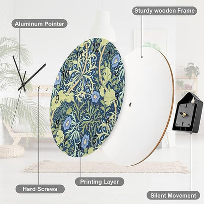 Retro Floral Wood Wall Clock, Vintage Botanical Garden Plants Herbs Flowers William Morris Style 12 Inch Silent Non-Ticking Battery Operated Round Clock for Bedroom Living Room Office Kitchen Decor