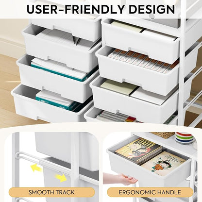 Rolling cart with 8 drawers,Storage drawer cart with wooden tabletop,Lockable wheels organizer for homeschool, arts & crafts, classroom, office & creative spaces (White)