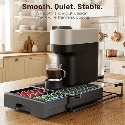 EVERIE Nespresso Vertuo Pod Holder Drawer, Coffee Pod Organizer with Universal Slots, Holds 40 Large or 52 Small Capsules, Tempered Glass Top Storage Drawer for Coffee Makers, 12" x 16.5" x 3.5"