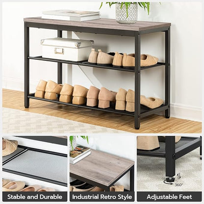 HOOBRO Shoe Bench, 3-Tier Shoe Rack, Industrial Shoe Organizer Storage Bench, 29.5 inches Entry Bench with Mesh Shelves, for Entryway, Living Room, Hallway, Easy Assembly, Greige BG75HX01