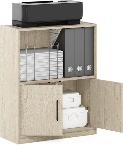Furinno GRUEN Book Shelf, 2-Tier Bookshelf, Bookcase with Open Shelf with 2 Doors Storage Cabinet, 9.3" x 21.8" x 27", for Living Room, Bedroom, Home Office, Metropolitan Pine