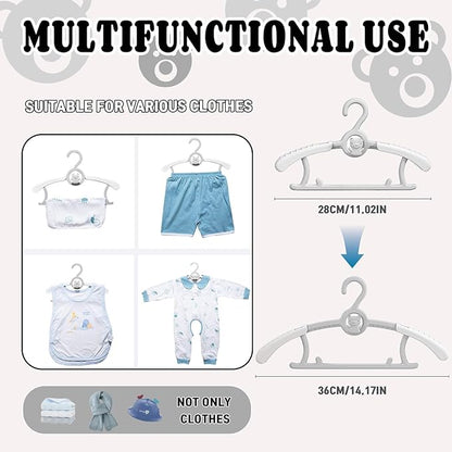 HGYZE Kid Hangers for Closet 50pcs, Grey Infant Clothes Hanger 11-14" Adjustable Plastic Baby Coat Perchas with Bear Hook, Non-Slip Children Outfit Hangars for Girl Boy Toddler Newborn Teen Clothing