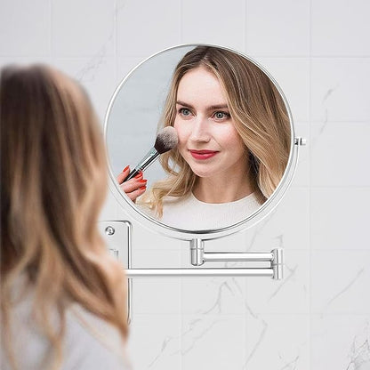 8 inch Wall Mounted Makeup Magnifying Mirror, 1X/10X Double-Sided Wall Mount Shaving Mirror with Extendable Arm, 360° Swivel for Vanity and Bathroom, Chrome Finish（No Light）