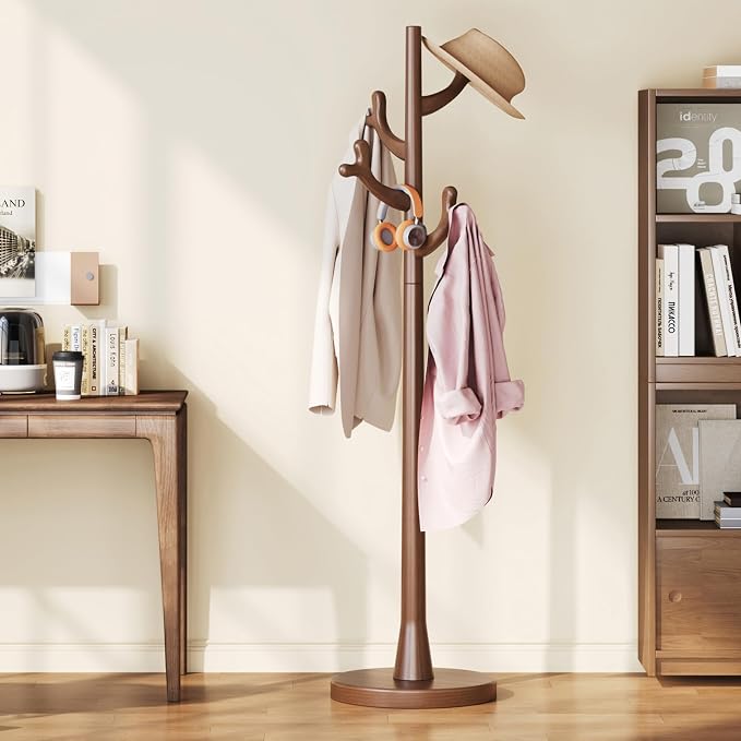 Uniclinens Coat Rack Freestanding Solid Wood Coat Tree Standing with 4 Hooks, Coat Rack Stand Creative Tree Branch-look (Walnut)
