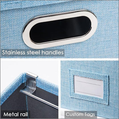 PRANDOM File Organizer Box - Set of 2 Collapsible Decorative Linen Filing Storage Hanging File Folders with Lids Office Cabinet Letter Size Blue (14x9.3x10.8 inch)