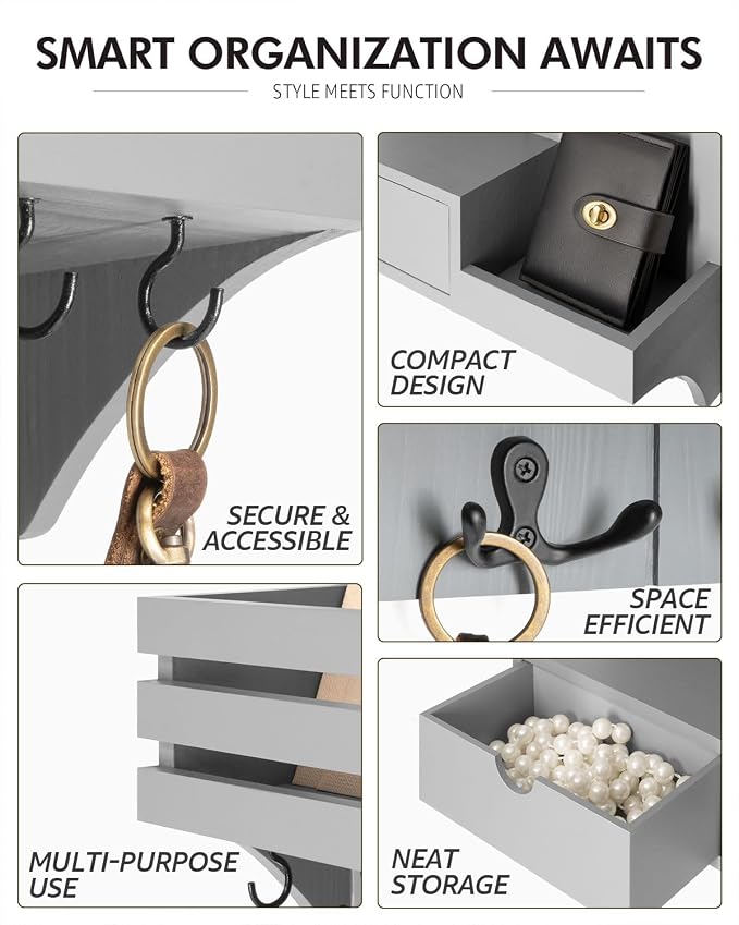 Rebee Vision Decorative Key Holder Wall Mount with Small Drawer Organizer - Modern Mail Organizer with 9 Key Hooks and Wall Shelf for Home Decor - Stylish Apartment Essentials (Gray)