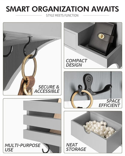 Rebee Vision Decorative Key Holder Wall Mount with Small Drawer Organizer - Modern Mail Organizer with 9 Key Hooks and Wall Shelf for Home Decor - Stylish Apartment Essentials (Gray)