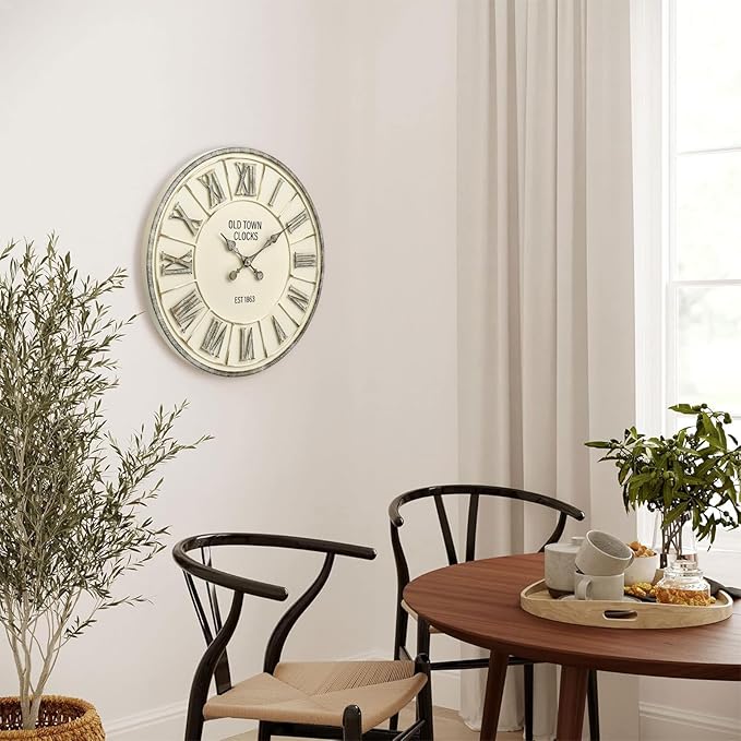 EMAX HOME Farmhouse 24 Inch Wooden Large Wall Clock, Silent Non-Ticking Quartz Movement, Battery Operated Modern Rustic Clock for Living Room, Kitchen, Office, Home Decor