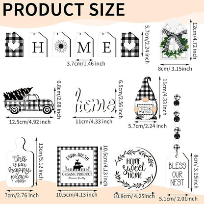 11 Pcs Home Tiered Tray Decor Buffalo Plaid Black and White Rustic Farmhouse Tiered Tray Decorations Set Home Wooden Signs Vintage Animal Tabletop Wood Signs for Kitchen Table Shelf Decor