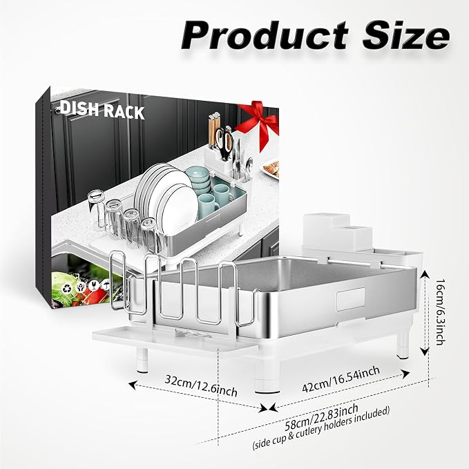 Ewaiira Dish Drying Rack, 304 Stainless Steel Dish Racks for Kitchen Counter, Dish Drainers with Automatic Drainage, Utensil Holder & Cups Holder, Space Saving Kitchen Organizer, White