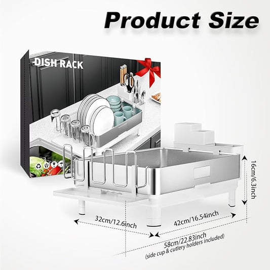 Ewaiira Dish Drying Rack, 304 Stainless Steel Dish Racks for Kitchen Counter, Dish Drainers with Automatic Drainage, Utensil Holder & Cups Holder, Space Saving Kitchen Organizer, White