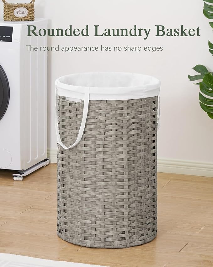 SETVSON 34.3 Gal (130 L) Large Laundry Hamper Laundry Basket Round Handwoven Wicker Laundry Baskets Rattan Laundry Basket with Removable Bag Handles 2 Mesh Bags for Living Room Bedroom Gray (No Lid)