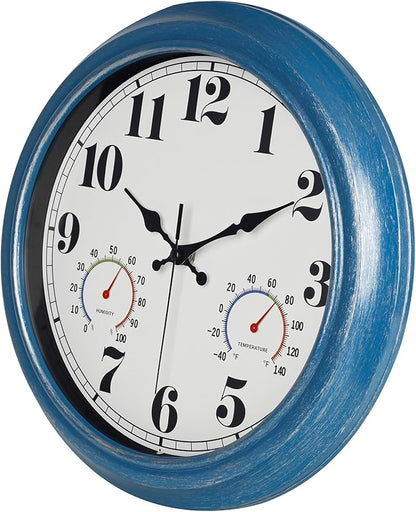 JENLYSTIME 13 Inch Outdoor Clock, Waterproof and Silent, with Thermometer and Hygrometer, Large Numbers for Easy Reading, Perfect for Home,Office,Bedroom,Kitchen,Porch,Garden,Pool(Blue)
