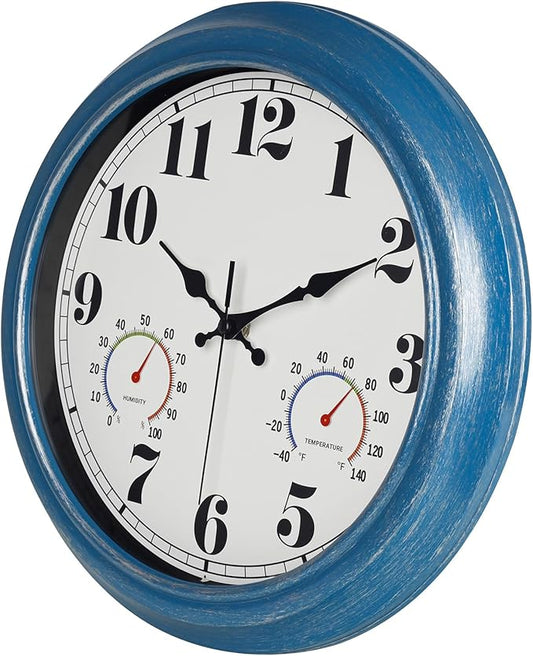 JENLYSTIME 13 Inch Outdoor Clock, Waterproof and Silent, with Thermometer and Hygrometer, Large Numbers for Easy Reading, Perfect for Home,Office,Bedroom,Kitchen,Porch,Garden,Pool(Blue)