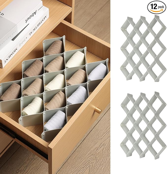 ROUFA Sock Drawer Organizer for Dresser, Honeycomb Underwear Dividers for Women, Panty Separator for Bras, Socks, Belt and Leggings (2 Sets/12pcs,Grey)