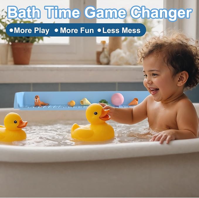 Splash Guard for Bathtub Kids, Longer Silicone Bathtub Water Guard, Toy Tray Caddy Holder for Tub, Bathtub Splash Guard Prevent Water Spills in Bathroom (2.6FT, Blue)