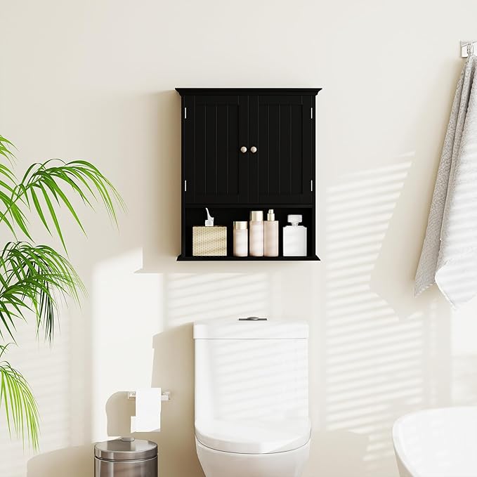 Giantex Bathroom Cabinet Wall Mount, Medicine Cabinet with Adjustable Shelf, Open Shelf, Over The Toilet Space Saver Storage Organizer for Laundry Room, Kitchen, Cupboard (Black)