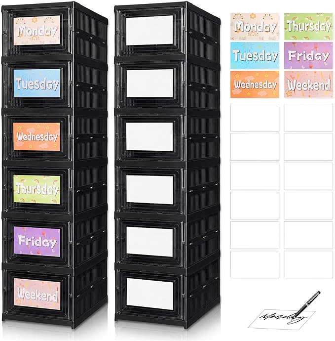 6 Shelf Weekly Clothes Organizer for Kids, Foldable Days of the Week Clothes Organizer with 18 Labels, Monday Through Weekend Essential Stuff Shoe Organizer, Kid Habit & Creativity Training
