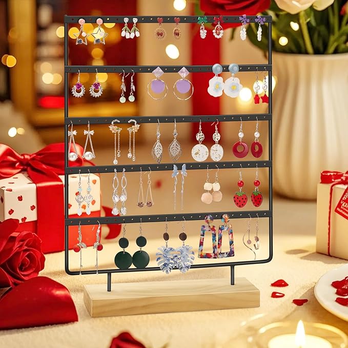 Earring Holder Organizer, 5-Tier Earring Organizer with 60-Pair Capacity, Wooden Base Metal Earring Display, Jewelry Storage & Display for Home Store, Suitable for Women