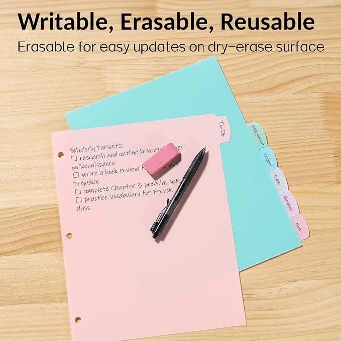 Sooez 8 Tabs Long-Lasting Plastic Write & Erase Large Tabs Dividers for 3 Ring Binder, Aesthetic Cute Pastels Binder Dividers for Student, Teacher, Office, Home Organizers, 2 Sets, Pastels Color